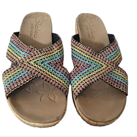 Skechers Luxe Foam Multi-Color Wedge Heel Sandals Slides Women's sz 10 - Picture 2 of 9